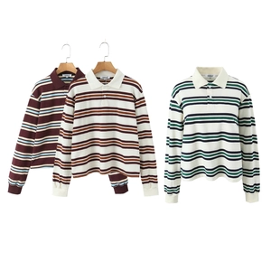 Detailed view of long-sleeved polo shirts with vintage stripes in various colors