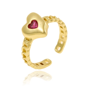 Detail view of a gold heart ring with pink gemstone and hollow chain band design