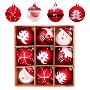 Lot de 9 boules de Noël rouges et blanches avec motifs festifs dans une boîte cadeau kraft
