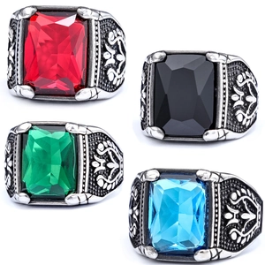 Anello Sigillo Da Uomo Vintage Acciaio Inossidabile Pietra Preziosa Rettangolare Sfaccettata Rilievo Scolpito Gotico Punk