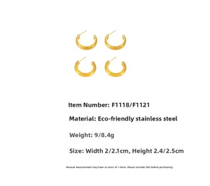 Detailed view of polished 18k gold plated stainless steel C-shape earrings with dimensions