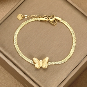 Golden stainless steel flat snake chain bracelet with elegant butterfly charm pendant