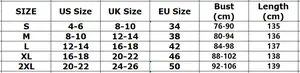 Detaillierte Größentabelle für ärmellose Kleider mit US-, UK- und EU-Maßen für perfekte Passform