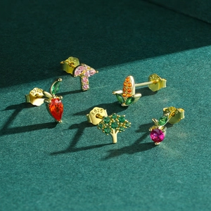 S925 sterling silver fruit stud earrings featuring colorful cubic zirconia vegetable designs