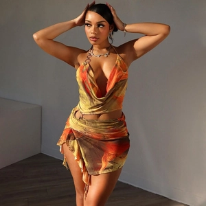 Halter Neck Top And Ruched Ruffle Skirt Abstract Print Backless Metal Ring Bodycon Summer Sexy Women