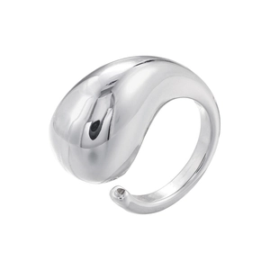 Polished silver-colored water drop open ring with reflective metallic liquid design
