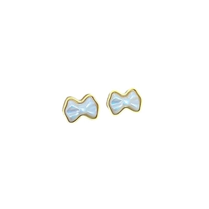 Minimalist gold-edged bow earrings with white iridescent pearl shell inlays