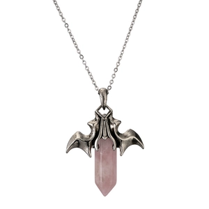 Gothic bat wing pendant necklace with pink hexagonal crystal pillar in silver finish