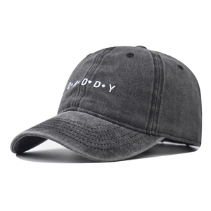 Distressed grey cotton baseball cap featuring DADDY embroidery and curved brim