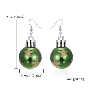 Detail view of green Christmas ball earrings with gold stars and size dimensions