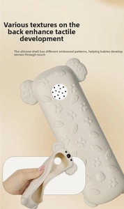 Close-up of flexible silicone baby remote toy with tactile patterns for sensory play