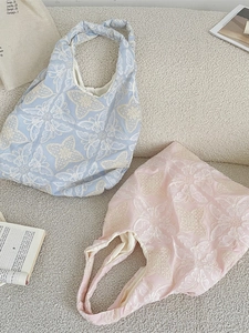 French style floral butterfly embroidery tote bag in blue and pink cotton canvas
