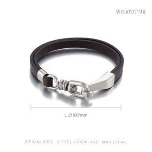 Men's multilayer woven brown cowhide leather bracelet with stainless steel hook clasp