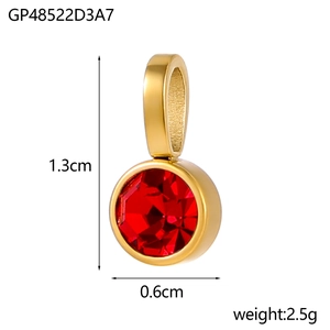Polished gold stainless steel birthstone pendant with faceted red crystal and dimensions