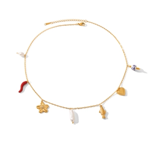 Halskette aus 18k vergoldetem Edelstahl mit Blumen, Herz, Perle und Koi-Anhängern