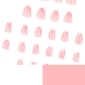 Classic French tip press-on nails in pink and white with a high-gloss finish and oval shape