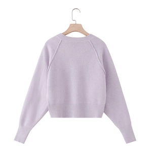 Lavender long sleeve crewneck knit sweater with ribbed cuffs on wooden hanger