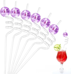 Spiral party straws with purple disco mirror balls for festive cocktail decorations