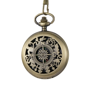 Vintage bronze compass pocket watch with intricate hollow-out design for outdoor hiking