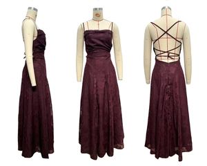 Detailed views of burgundy lace dress featuring cross back straps and floral texture