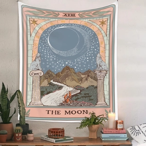 Detail of The Moon tarot tapestry with XVIII Roman numeral on bohemian style hanging fabric