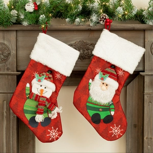 Detail of Santa and Snowman embroidery on festive red Christmas stockings with white fur trim