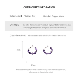 Detailed size specifications for purple zircon hoop earrings with copper material