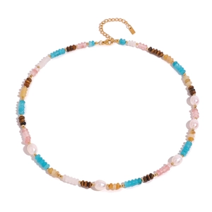 Colorful natural stone beaded necklace with white pearls and golden lobster clasp