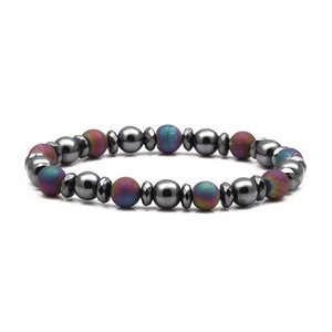 Close-up of magnetic hematite bracelet with colorful frosted beads and faceted spacers