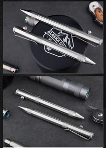 Detail view of bolt-action stainless steel tactical pen with knurled grip and pocket clip