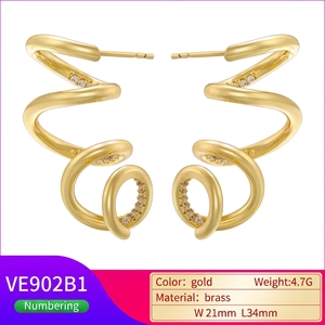 Irregular spiral brass earrings with 18K gold plating and sparkling zircon stones