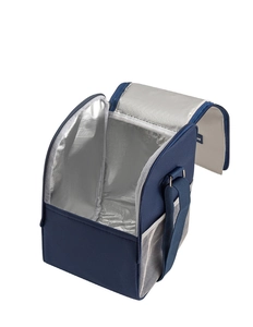 Detail view of the thick silver thermal foil lining inside the navy blue lunch cooler bag