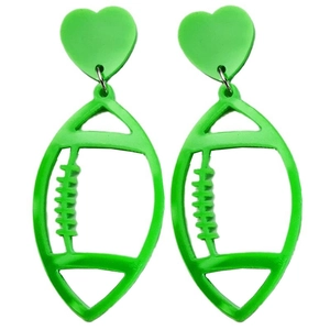 Green acrylic rugby football earrings with heart studs on white background