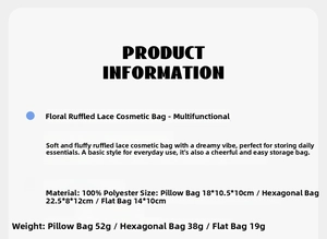 Size and material specifications for floral makeup bag including three storage dimensions