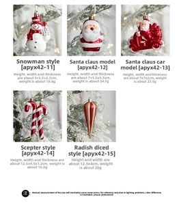 Detail view of 5-piece Christmas tree ornaments including snowman and Santa with gold strings