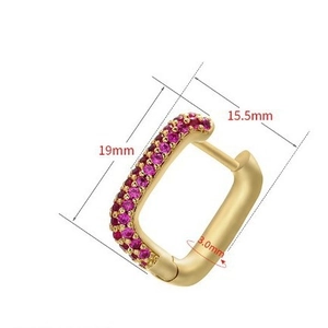 U-shaped gold earrings with pink gemstones, 19mm high by 15.5mm wide, matte finish