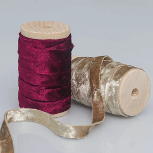 1cm double-sided velvet ribbon rolls in wine red and champagne gold on wooden spools