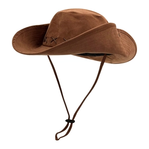 Brown suede cowboy sun hat for hiking with adjustable drawstring and stitch detail