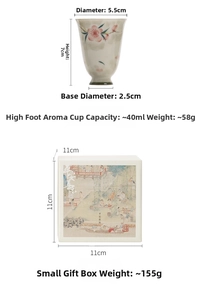 Detail of hand-painted ceramic peach blossom tea cup with high foot and its gift box size