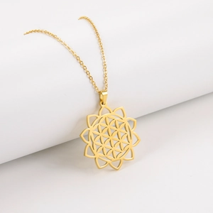 Close-up of golden stainless steel flower of life pendant with intricate cutout detail