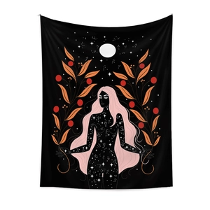 Detail of bohemian tapestry featuring a pink-haired mystic woman with starry texture