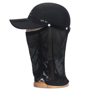 UPF 50+ black quick-dry outdoor sun hat with detachable face cover and neck flap