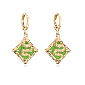 Vintage 18K gold-plated snake totem square earrings with green enamel and emerald eyes
