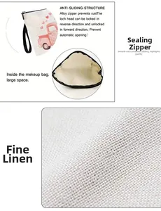 Detailed view of linen makeup bag with red truck pattern and non-slip alloy zipper