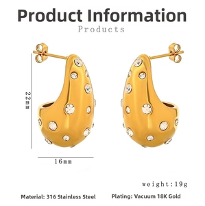 Detailed view of 18K gold plated stainless steel teardrop earrings with crystals