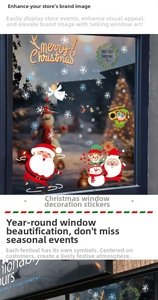 Detailed Christmas window decals featuring Santa, snowman and reindeer on glass