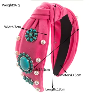 Size chart showing 18cm bohemian knotted headband with turquoise and pearl detailing