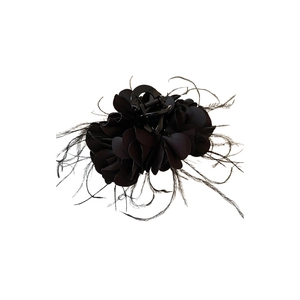 Elegant black pleated fabric flower hair claw clip with feather decorative accents