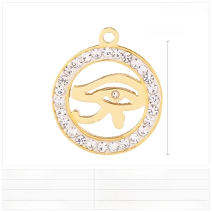 Detailed view of 20mm golden stainless steel Eye of Horus pendant with clear rhinestones