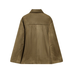 Women's olive brown faux suede jacket back view with center seam and turn-down collar